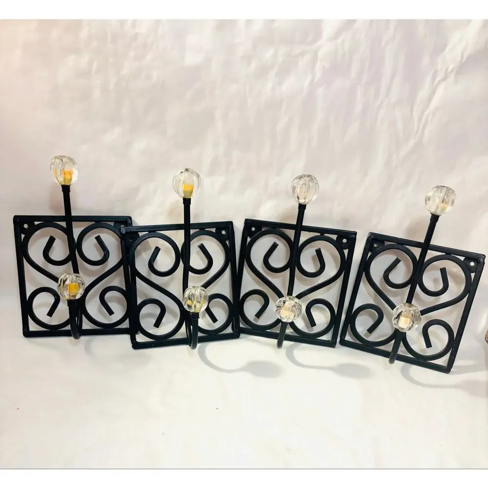Set of Black Metal Decorative Wall Hooks w/ Vintage style Crystal Tips